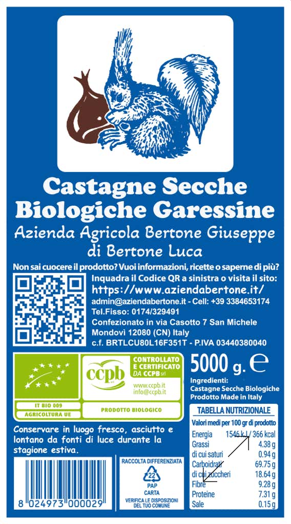 Castagne Secche Garessine Biologiche Etichetta sui pacchi da 5 Kg
